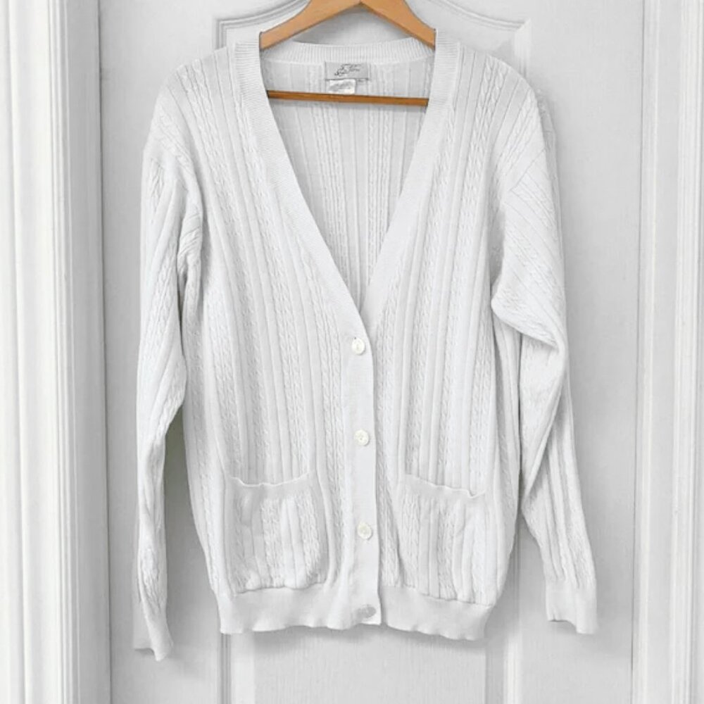 Classic White Cable-Knit V-Neck Cardigan